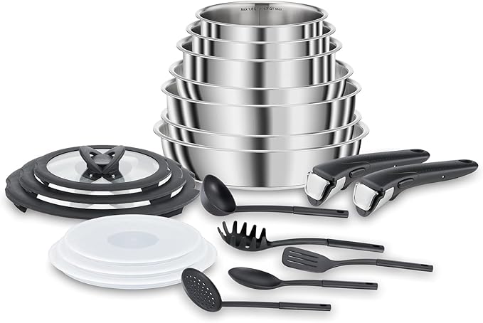 Lagostina Ingenio INOX - Juego de Utensilios de Cocina de Inducción 18/10, Acero Inoxidable, Gris, 20 Piezas