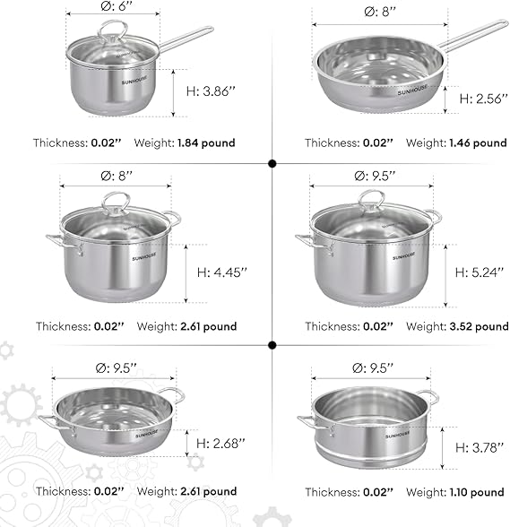 SUNHOUSE juego de ollas y sartenes de acero inoxidable